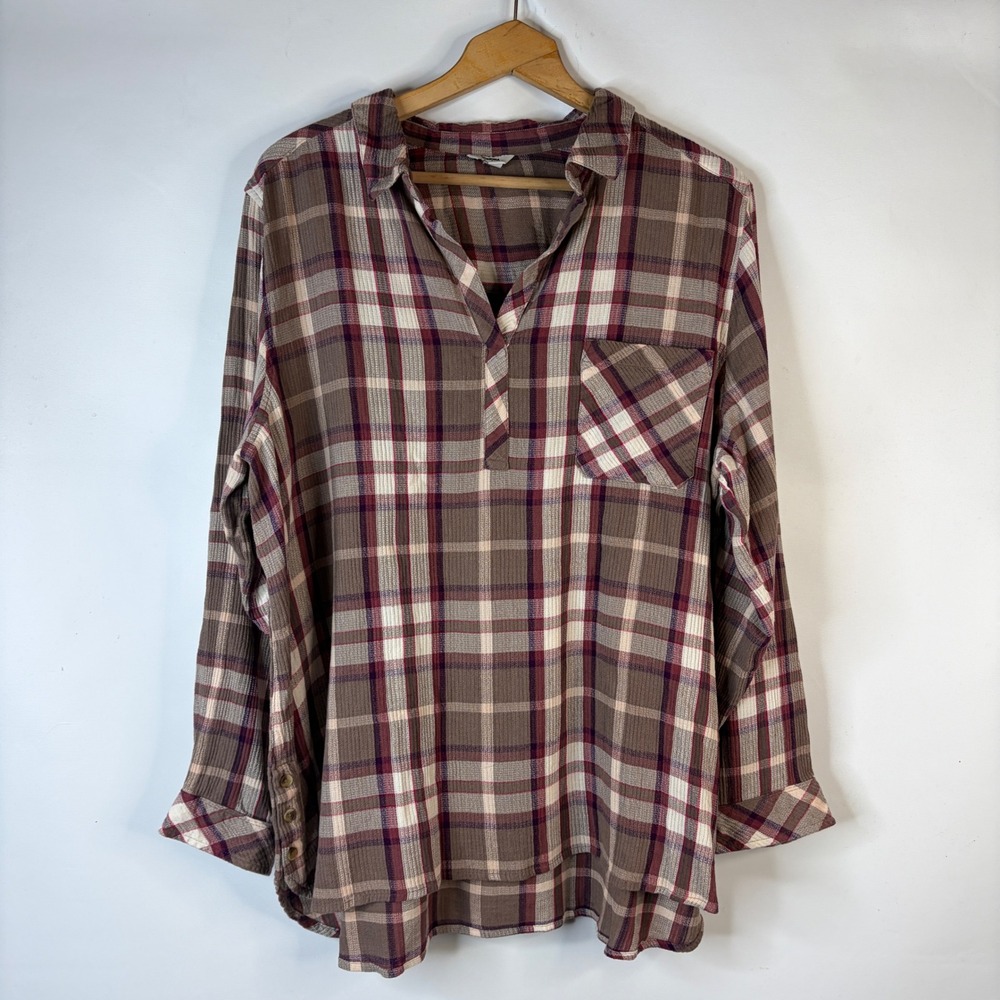 Sonoma Plaid Tunic Top Womens XXL Brown Burgundy Cotton Rayon Side Buttons